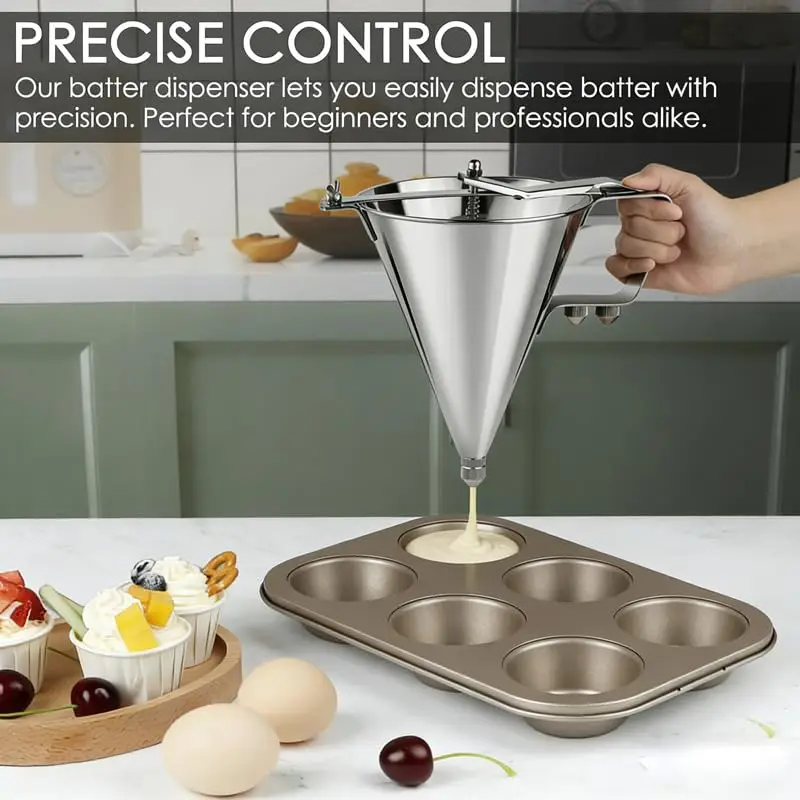 Stainless Steel Confectionery Funnel Dispenser 1.8L with Stand Pancake Batter Dispenser 3 Nozzle Sizes 1/4 1/5 1/6 Inch