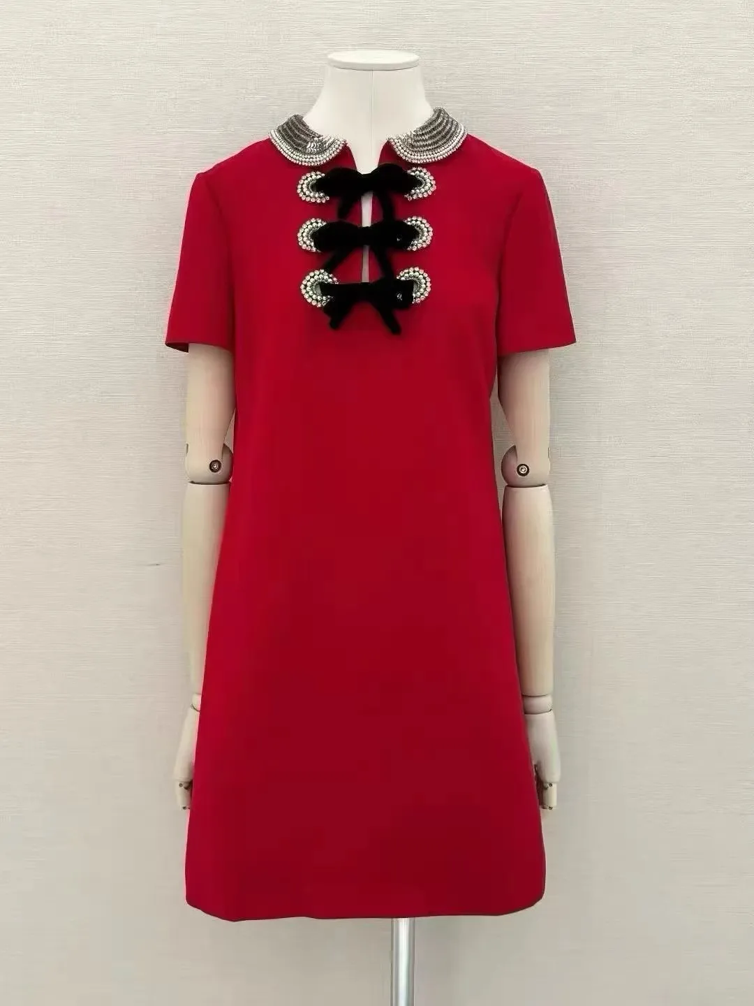 

2026 Spring Summer Women Red Silk Dress Sweet Peter Pan Collar Fashion Pearls Diamond Bow Wool Vestidos
