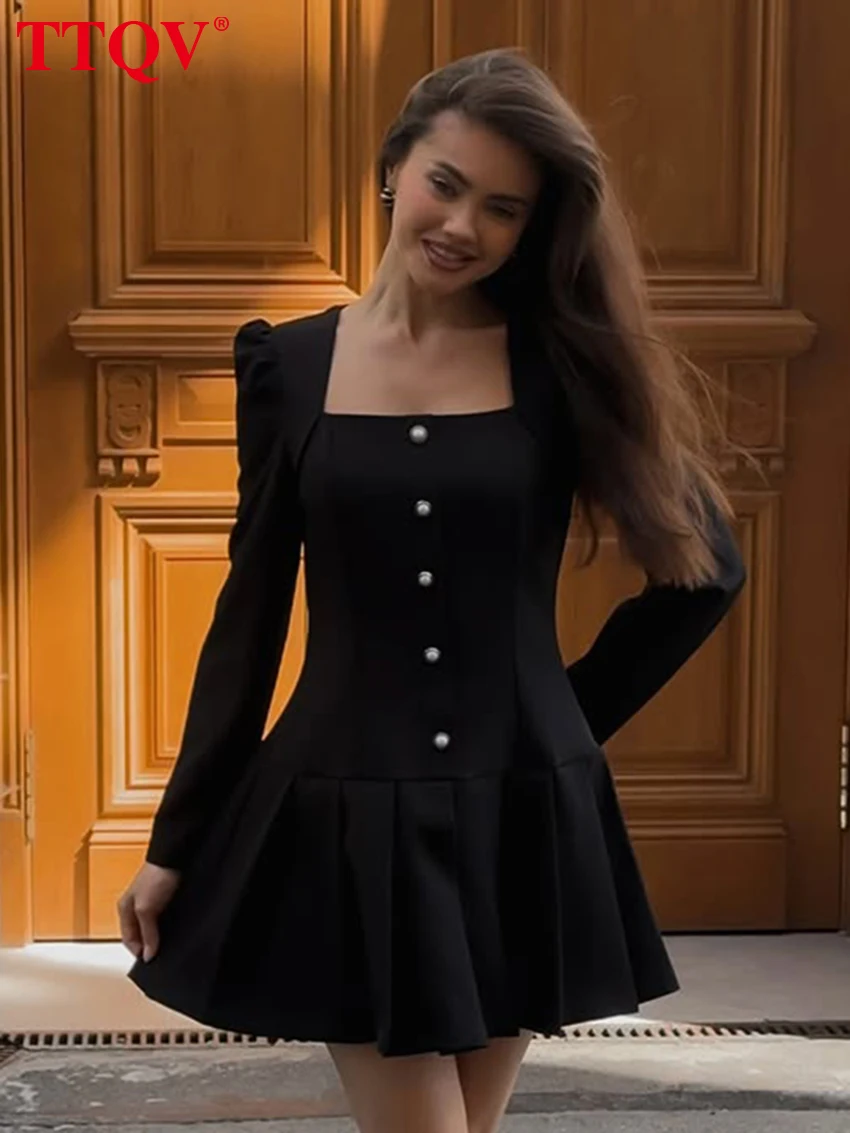 

Clacive Fashion Loose Black Office Women's Dress Spring Square Collar Long Sleeve Mini Dresses Elegant Pleated Female Dress