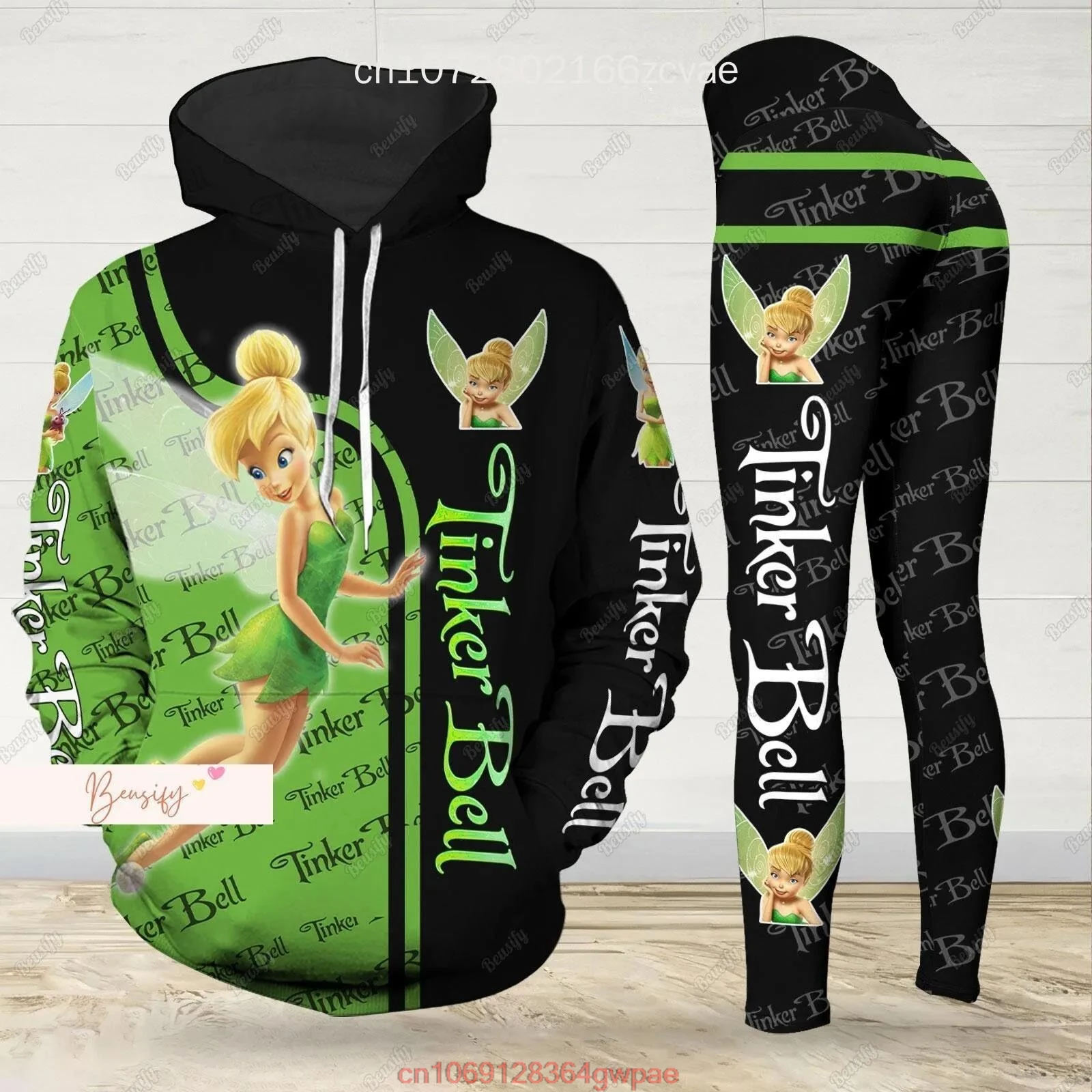 Disney Tinker Bell 3D Women\'s Hoodie Leggings Set High Waist Yoga Pants Set Disney Yoga Leggings Hoodie Fashion Sports Suit