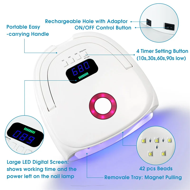 Customizable 96W Cordless Rechargeable Wireless Nail Lamp Dryer Drying Tool with 42pcs nail beads for Nail Care