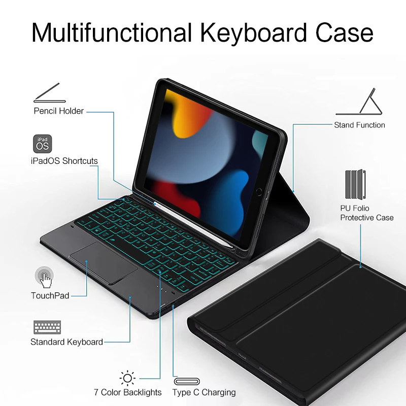 Keyboard Case For iPad 9th 8th 7th Gen 10.2 Inch iPad Pro 10.5 2017 Air 3 10.5" Touchpad Backlit Smart Cover With Pencil Holder
