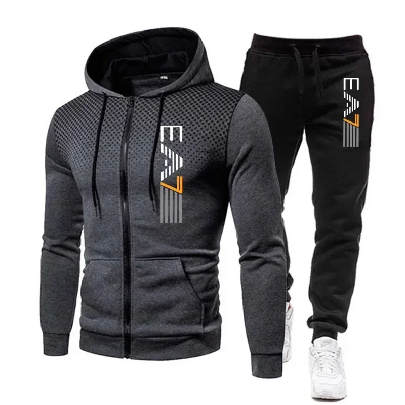 

Men 2Pcs Tracksuit Gradient Dot Print Zip Up Hoodie Sweatshirt Jogger Pants Male Autumn Winter Casual Street Sportswear Outfit