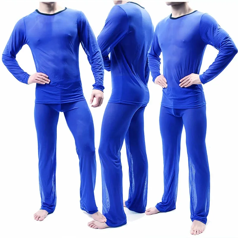 

Men's Pajamas Thin Transparent Sexy Long Johns Suit Ice Silk Perspective Top Pant Homewear Clothes Gauzelong Sleevess Sleepwear