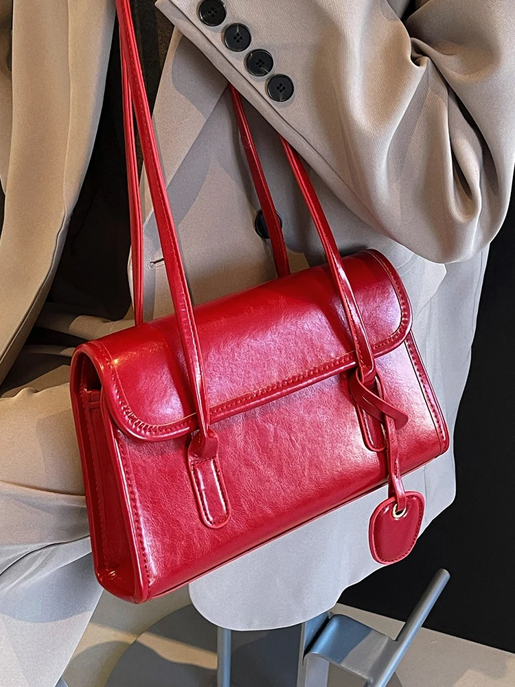 Fashion Red Shoulder Bags For Women Trendy Textured Solid Color Handbag Autumn Winter Versatile Female Underarm Pack