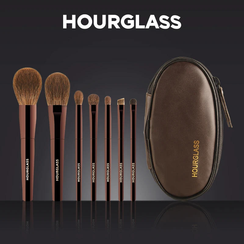 Hourglass Makeup Brush Set Mini Portable 7 Pcs, High Quality Soft Animal Hair Brush Include Eyeshadow,Blush,Powder Brush