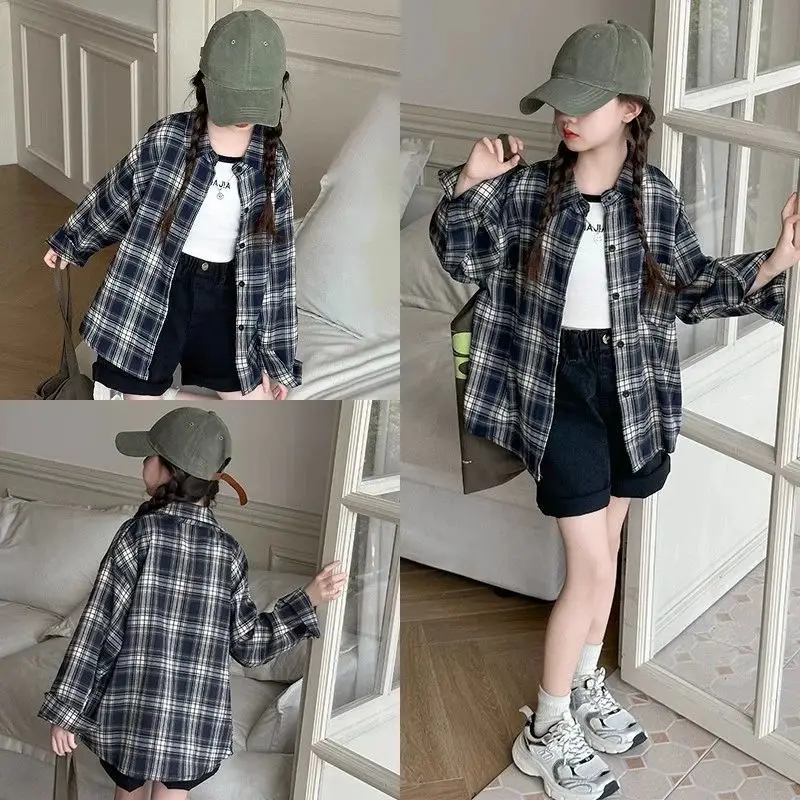 Cross border girls' long sleeved autumn 2026 new children's top, girls' big children's early autumn thin plaid shirt