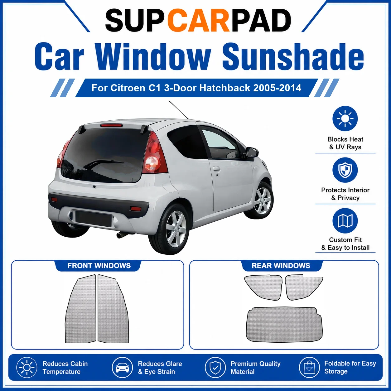 For Citroen - Citroen C1 3-Door Hatchback 2005-2014 Full Set Car Window Sunshades UV Block Privacy Heat Insulated Foldable Car C