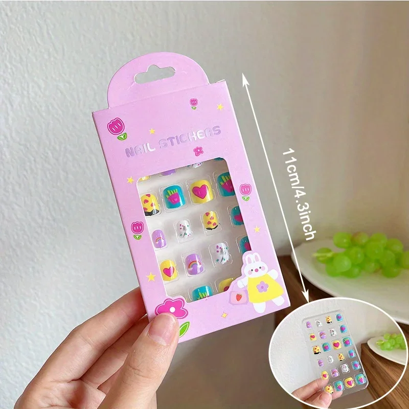 24개입/박스 어린이용 탈부착 가능한 네일 스티커 만화 귀여운 자가 접착 젤리 글루 달콤한 공주 네일 스티커