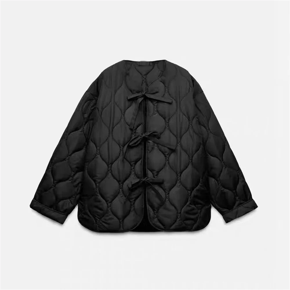 2024 autumn and winter new women\'s casual fashion bow round neck casual rolled edge long sleeved quilted cotton jacket