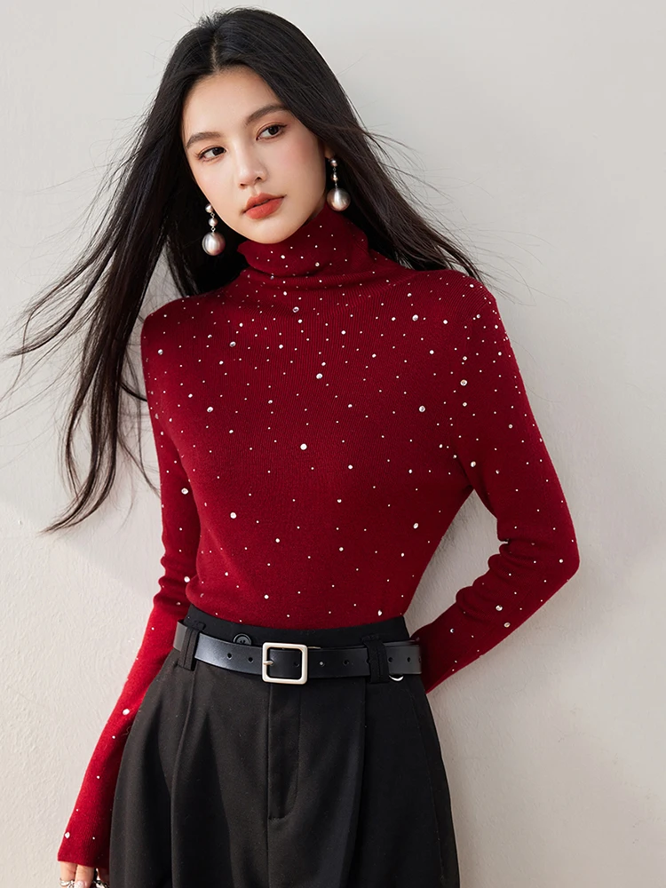 Autumn Winter Turtleneck Sweaters Women Sparkling Diamond Tops Slim Fit Pullover Fashion Long Sleeve Knitted Sweater