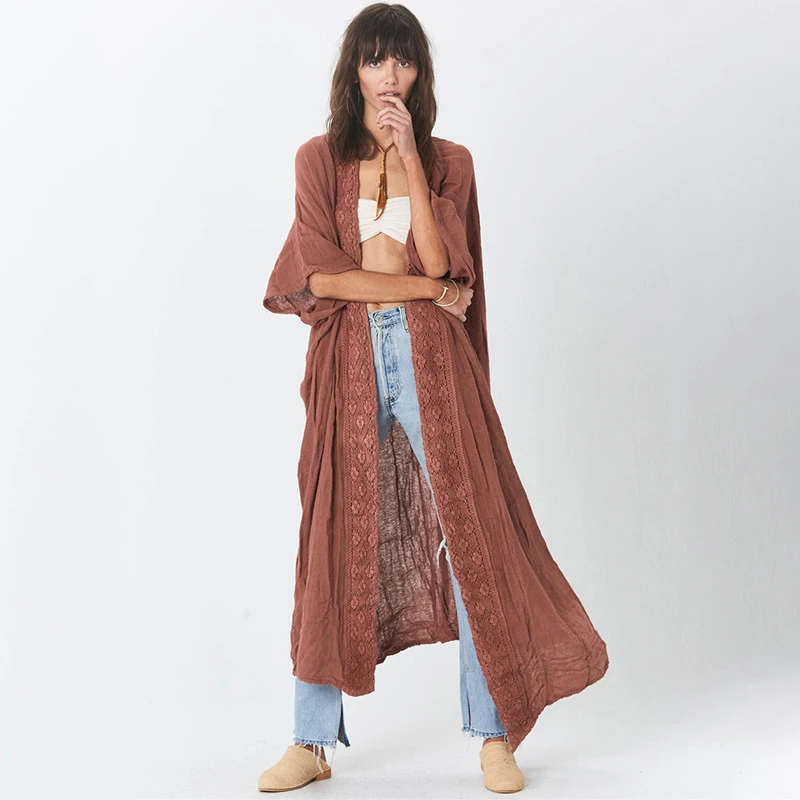 Women Summer Cardigans Flowy Comfortable Loose Fit Kimono Patchwork With Lace Appliques Elegant Chic Coats Solid Color Robe Boho