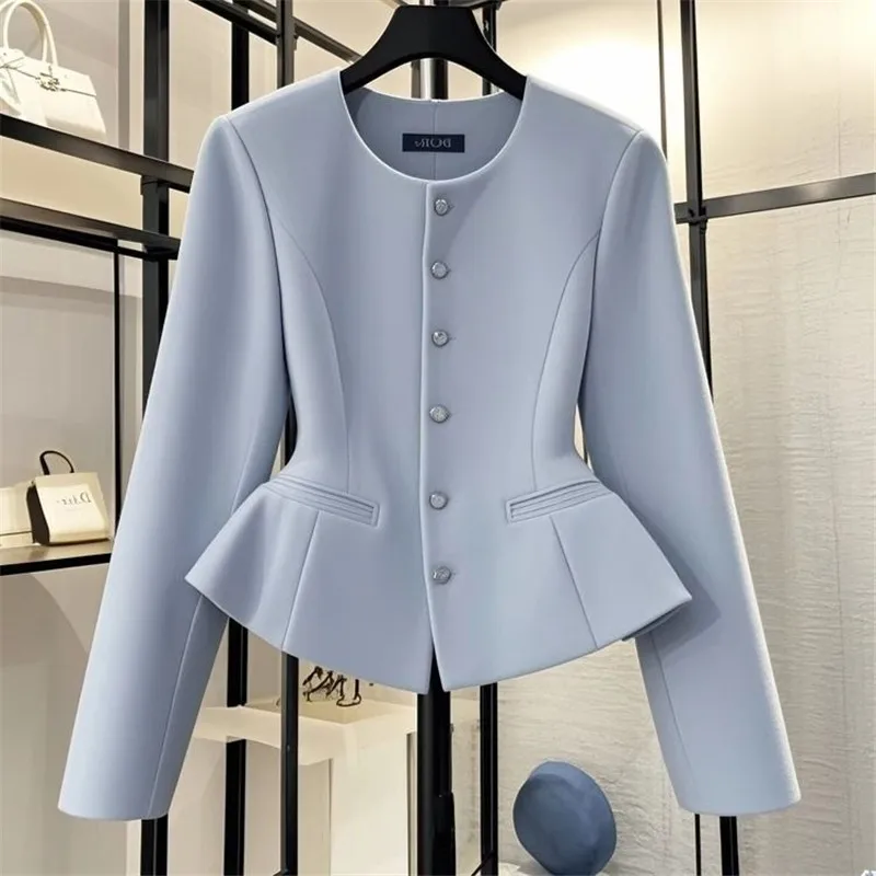 Limiguyue Small Fragrance Blue Suit Jacket Women Hepburn Style Luxury Coat High End Waist Cinching Outwears Autumn Winter 555P