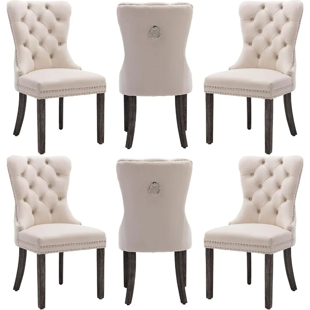 Velvet Dining Chairs Set of 6, Side Chair with Nailhead Trim and Button Tufted Back Wood Legs and Pull Ring, Dining Room Chairs