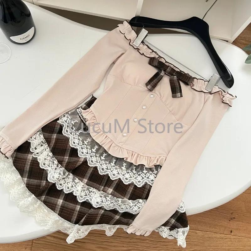 Japanese Kawaii Y2k 2 Piece Set Woman Lace Sexy Slim Tops + Cute Sweet Cake Mini Skirt Lolita Style Fashion Suit Spicy Girls