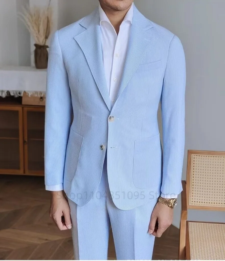 

Men's Blue Striped Seersucker Suit Set Two-piece Summer Casual Single-Breasted Two Butons Blazer Pants Office Wedding Occasions