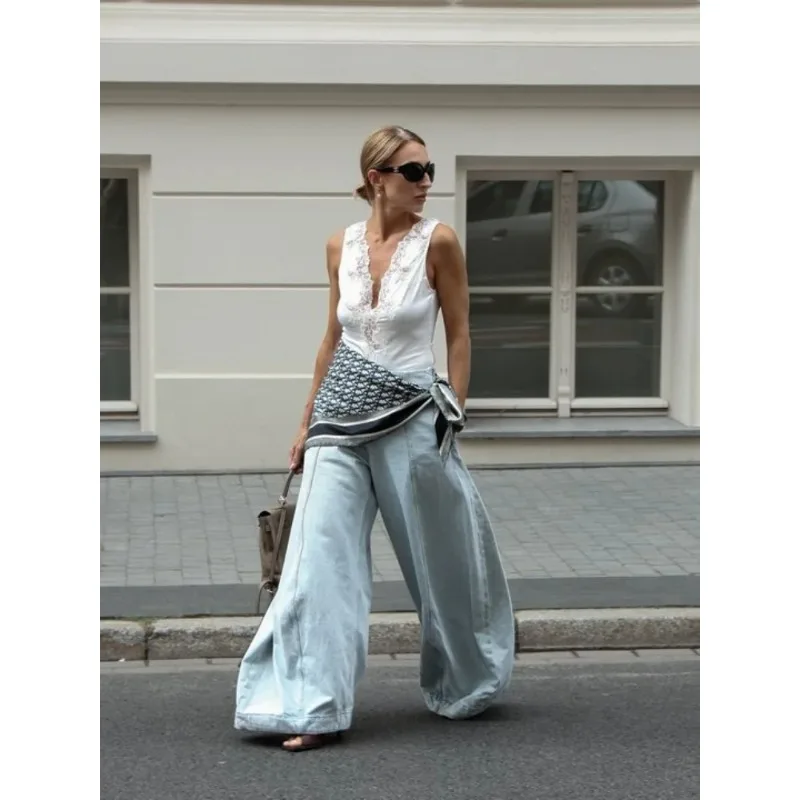 Street Pockets Flared Denim Trousers Women Blue Loose Low Waist Wide Leg Jeans 2025 Autumn Lady Chic All-match Commute Pants - Image 3