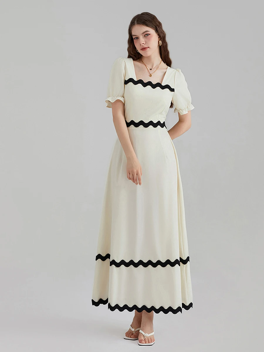 Women s Summer Square Neck Short Puff Sleeve Dress Casual RIC Rac Tie Back Smocked A Line Flowy A-Line Maxi Dresses