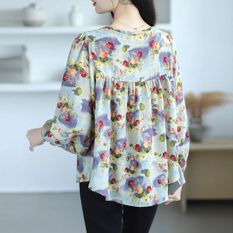 Women Clothing Fashion All-match Lantern Sleeve Chiffon Shirt Autumn Chic Print Button Blouses Lady Muslim O-neck Chic Tops