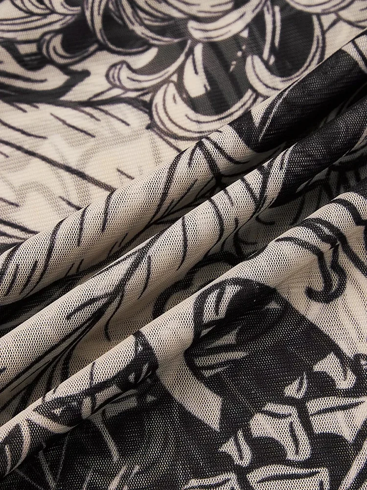 REDDACHiC โทเท็มรูปแบบชุดแม็กซี่สำหรับผู้หญิงแขนยาวคอเต่าตาข่ายยืดซีทรูบอดี้คอน Y2k ปาร์ตี้ชุดเทศกาล