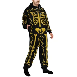 Men One Piece Pajamas Sleepwear Halloween Black Skeleton Print Onesies Adults Hooded Onesies Pyjamas