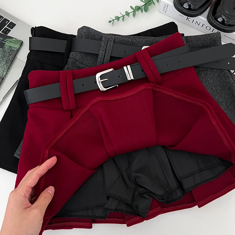 レッドウールプリーツショートスカート レディース 秋冬 ハイウエスト スリム 厚手 ハーフスカート 反射防止 Aラインスカート ベルト付き