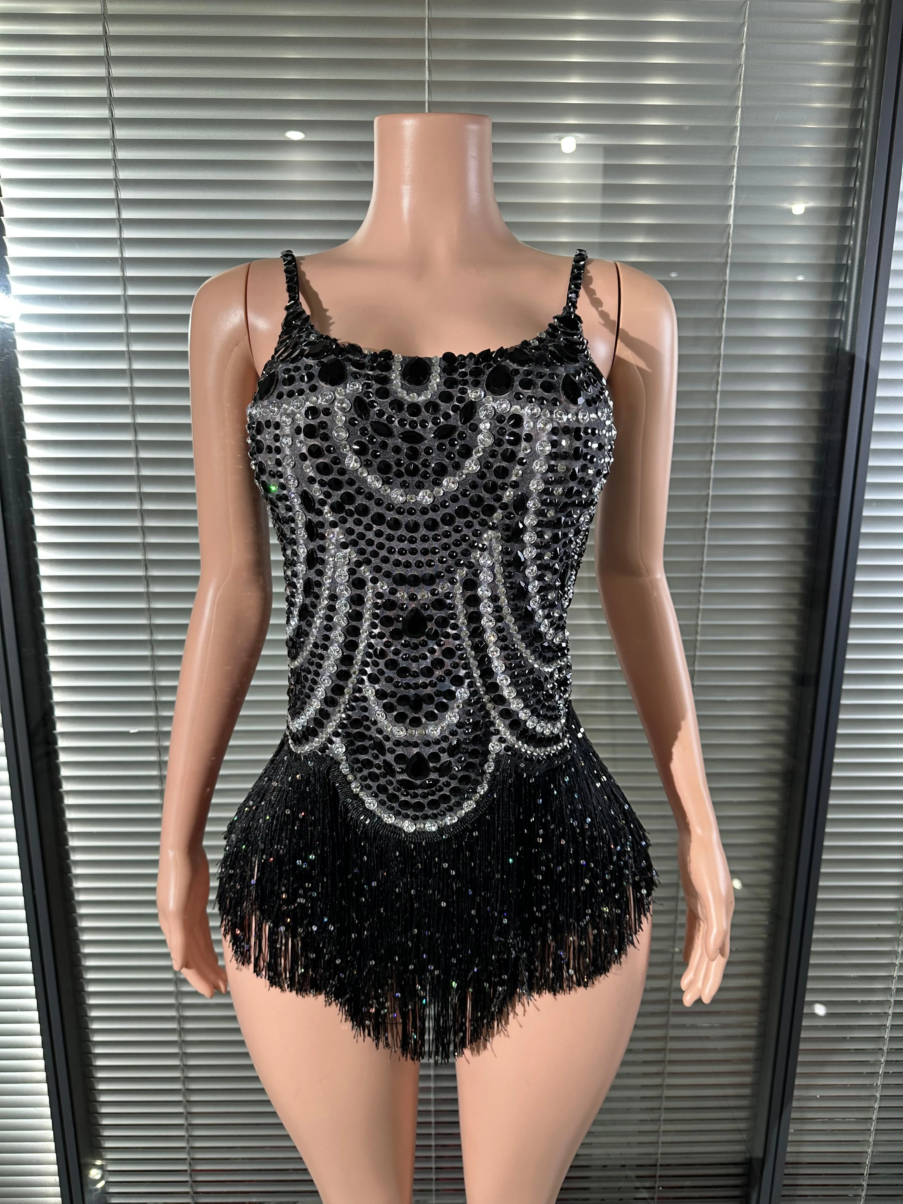 Glamorous Rhinestone Beaded Fringe Romper Bodysuit Spaghetti Strap Bodycon Outfit Birthday Party Nightclub Performance Costume