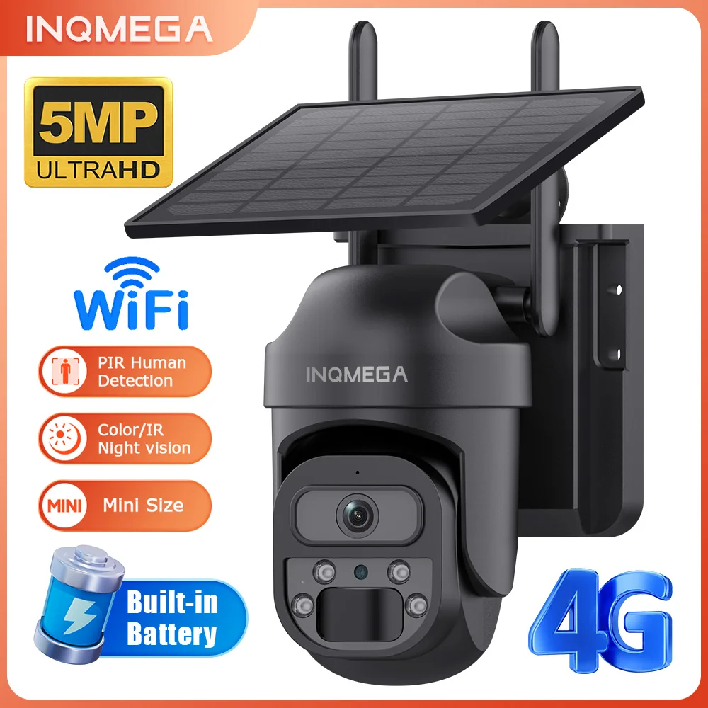 INQMEGA WIFI / 4G Solar Powered Camera Rechargeable Battery PTZ Outdoor PIR Motion Detection 2-Way Audio Surveillance Camera