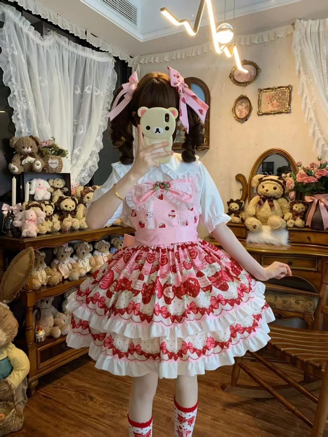 Japanese Kawaii Lolita Strap Dress Strawberry Double-layer Cake Hem Cute Ruffles Print Bow Girls Sweet Tea Party Princess Women
