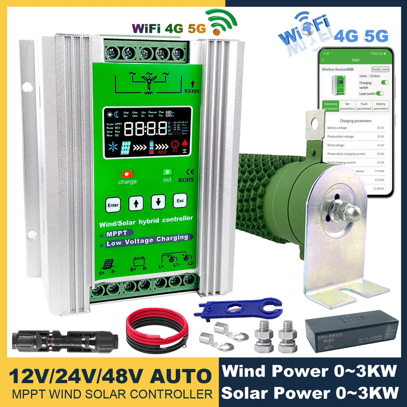 5000W 4KW 3000w WIFI MPPT Wind Solar Hybrid Controller Regulator Auto Match 12V 24V 48V Wind 6000W PV 5000W WIFI Android APP