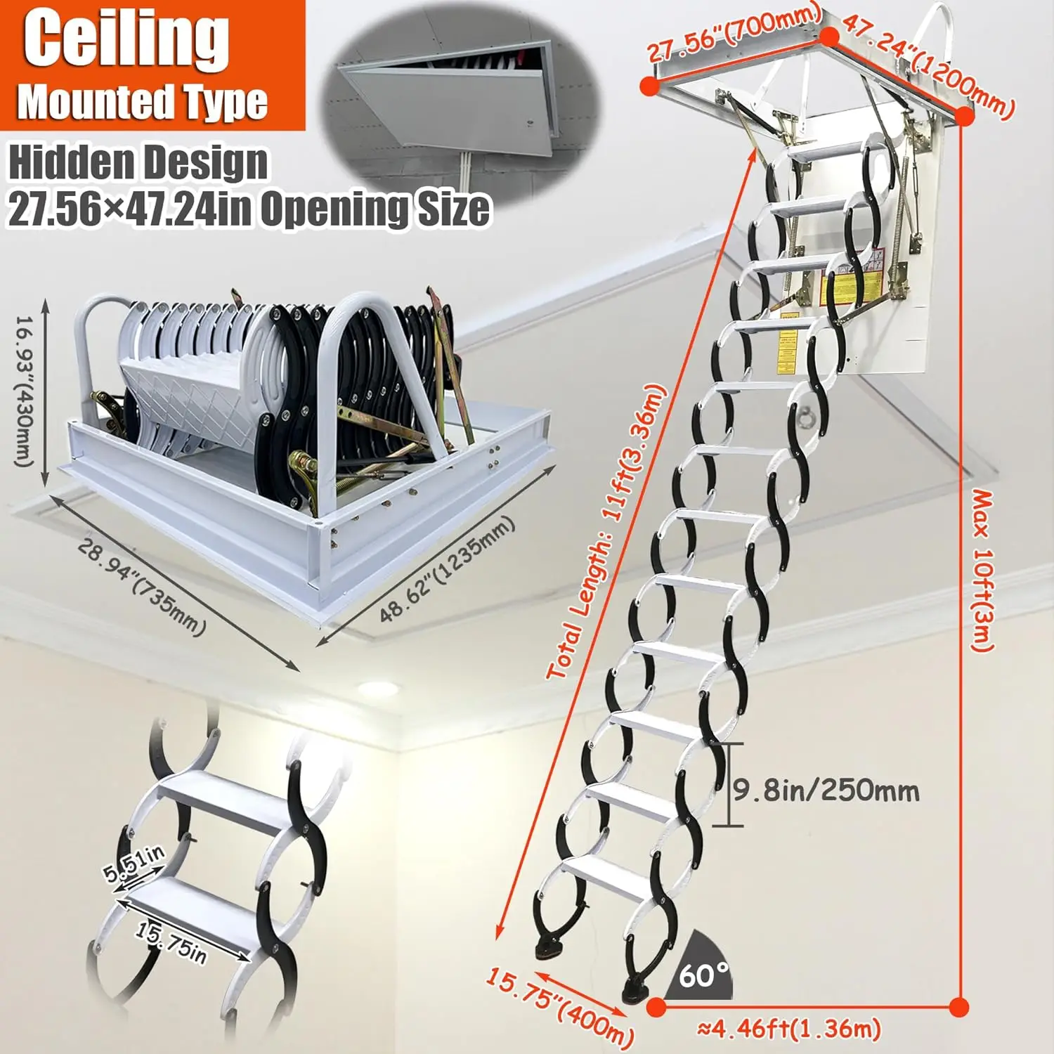 سلم سقف علوي قابل للسحب - سلالم علوية قابلة للطي باللون الأسود، أقصى ارتفاع 10 أقدام، سعة تحميل 600 رطل، سحب للأسفل