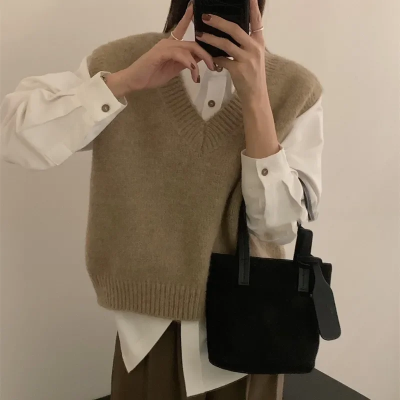 EVNISI Women V-Neck Knit Office Sweater Vest Loose Casual Pullovers Vest Women Bottoming Solid Fall Winter Sweater Vest 2024