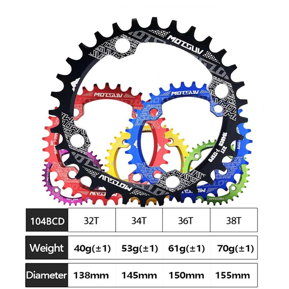 Manivela redonda para bicicleta, rueda de cadena angosta y ancha de placa única con forma redonda MTB 104BCD, 32T/34T/36T/38T