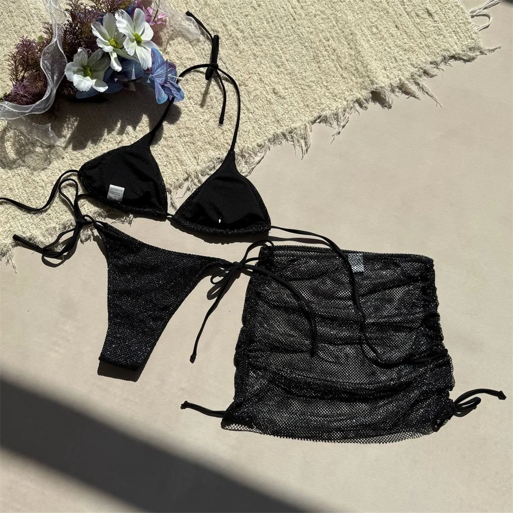 Microbikini con cordón brillante para mujer, traje de baño Sexy con espalda descubierta, traje de baño de malla para cubrir, traje de baño para vacaciones, Bikinis negros de 3 piezas
