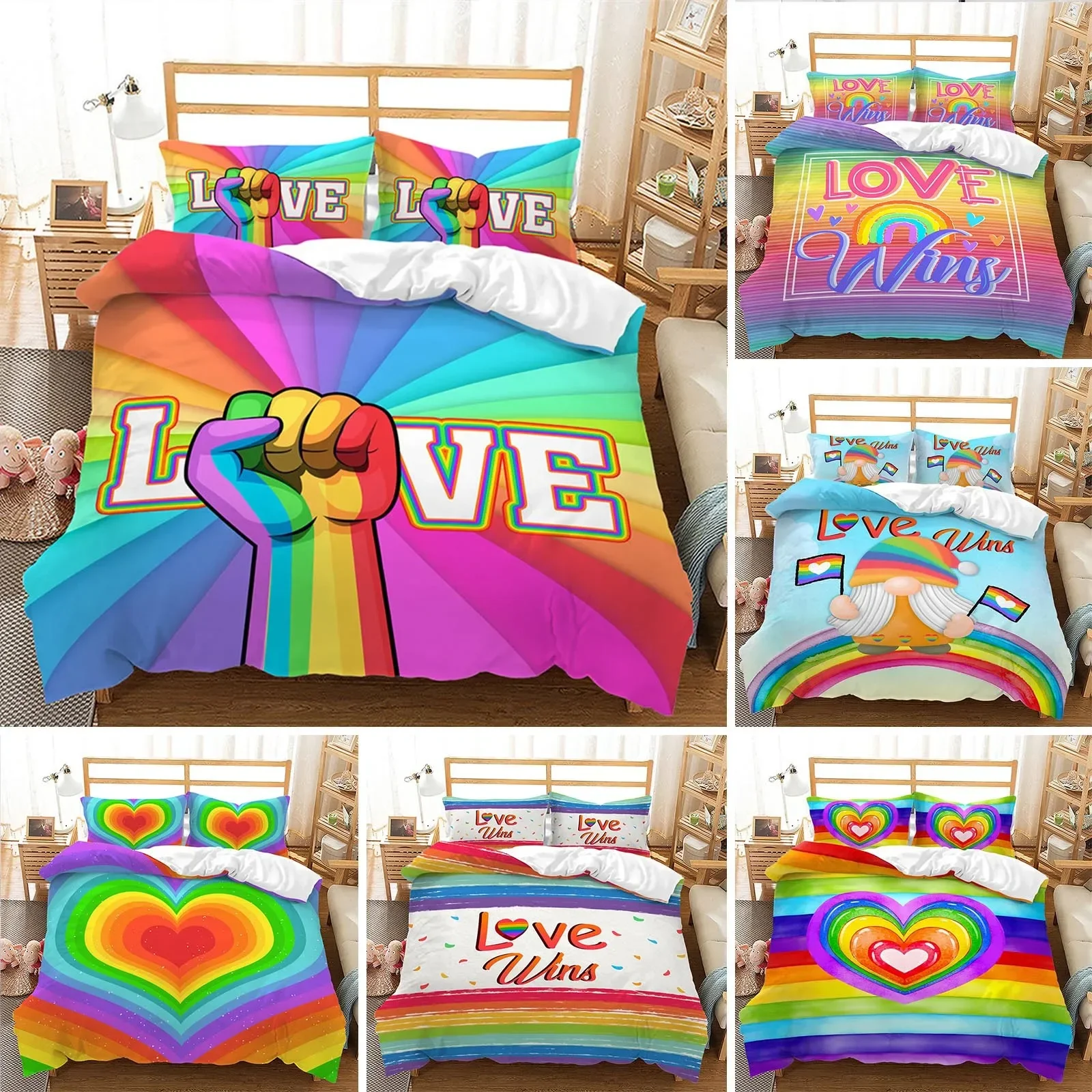 Rainbow Pride Bedding Set Rainbow Flags Duvet Cover Set Rainbow Stripe Design 3 Pieces Soft Microfiber Bedding Queen/King Size