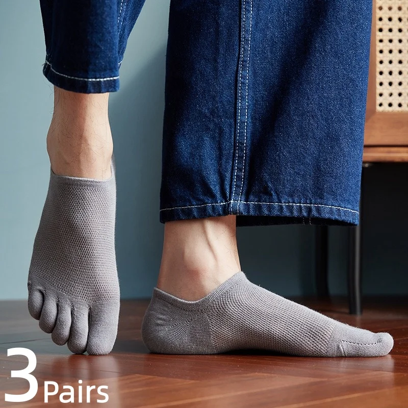 3 Pairs Men Simple Solid Color Toe Socks Breathable Sweat Wicking Sports Ankle Socks Casual Versatile Low Cut Invisible Socks