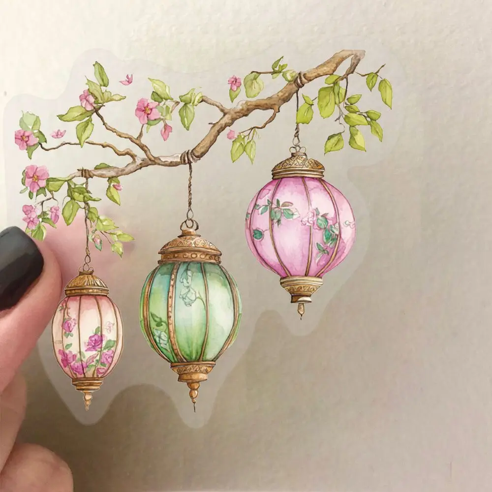 50pcs Vintage Lantern Stickers, Watercolor String Lights & Fairy Lamp PET Decals, Retro Aesthetic Waterproof Stickers for Journa
