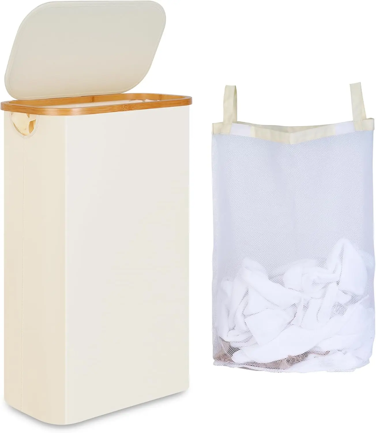 

Slim 65L Laundry Hamper with Lid, Narrow Foldable Basket with Bamboo Handles & Removable Inner Bag for Small Spaces