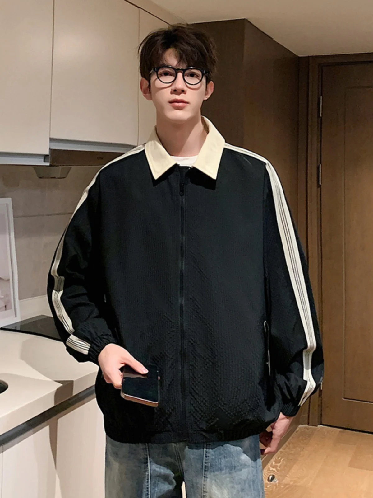 

Модная свободная куртка с цветными вставками и воротником для мужчин, весна-осень, повседневный спортивный топ, молодежная, из полиэстера, нейлона и композитного волокна