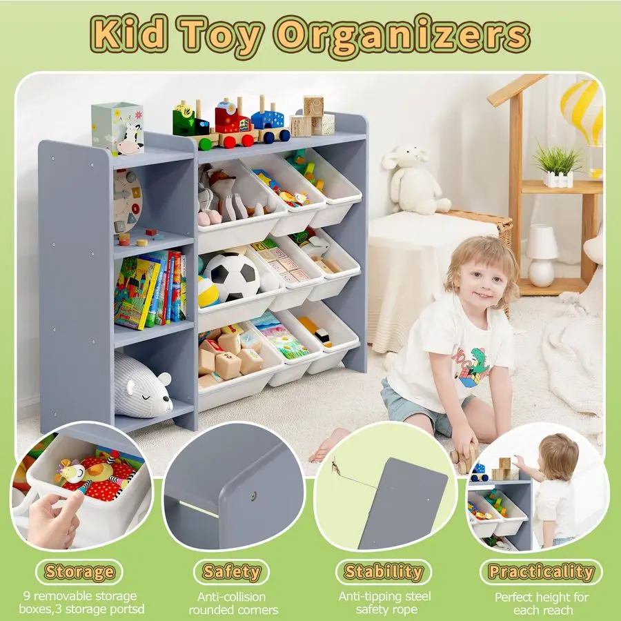 رف منظم لتخزين ألعاب الأطفال مكون من 4 طبقات، 100 خشب متين، خزانة تخزين للأطفال مع 9 صناديق بلاستيكية و3 منافذ تخزين رمادي فردي #6