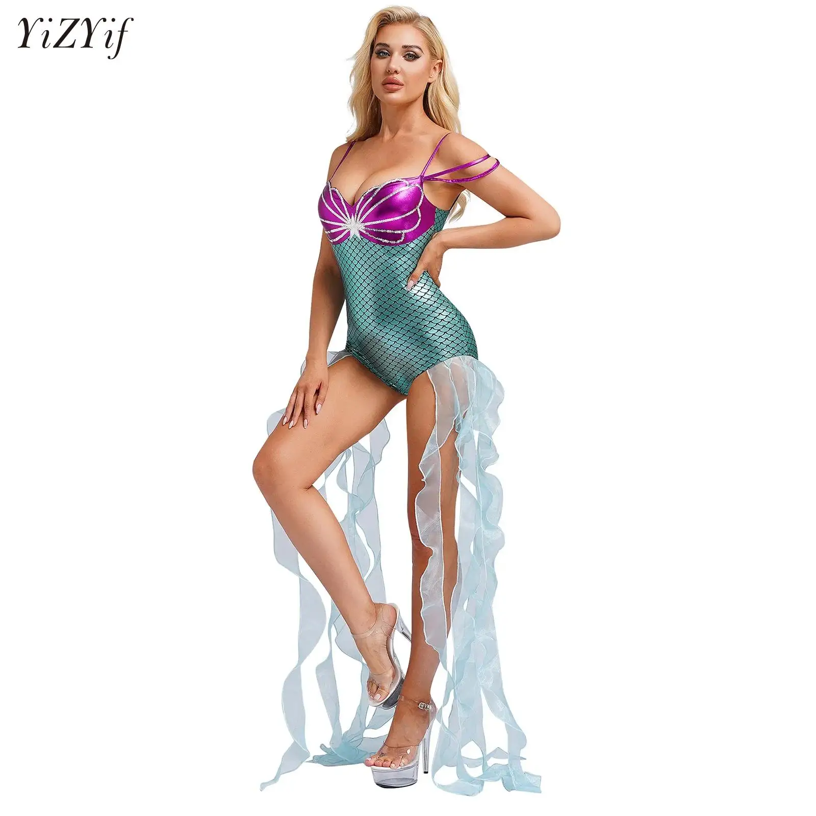 

Women Fish Scales Printed Mermaid Costume Princess Cami Jumpsuit Sparkle Sequins Leotard Bodysuit with Long Tulle Ruffle Ribbons