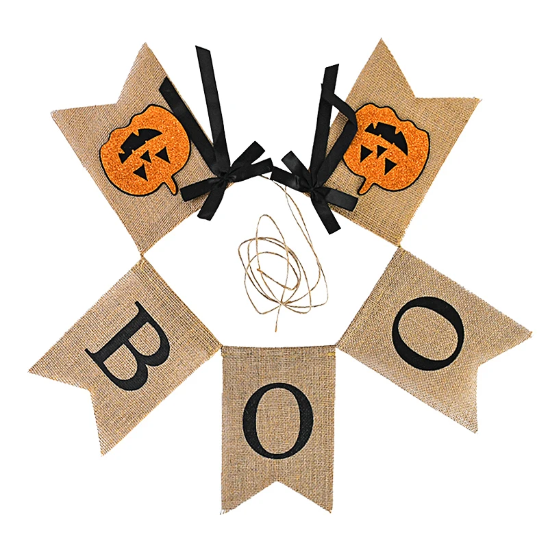 1set Halloween Jute Banner Rustic Pumpkin Boo Bunting Hanging Garland Mantel Fireplace Halloween DIY Home Party Decoration