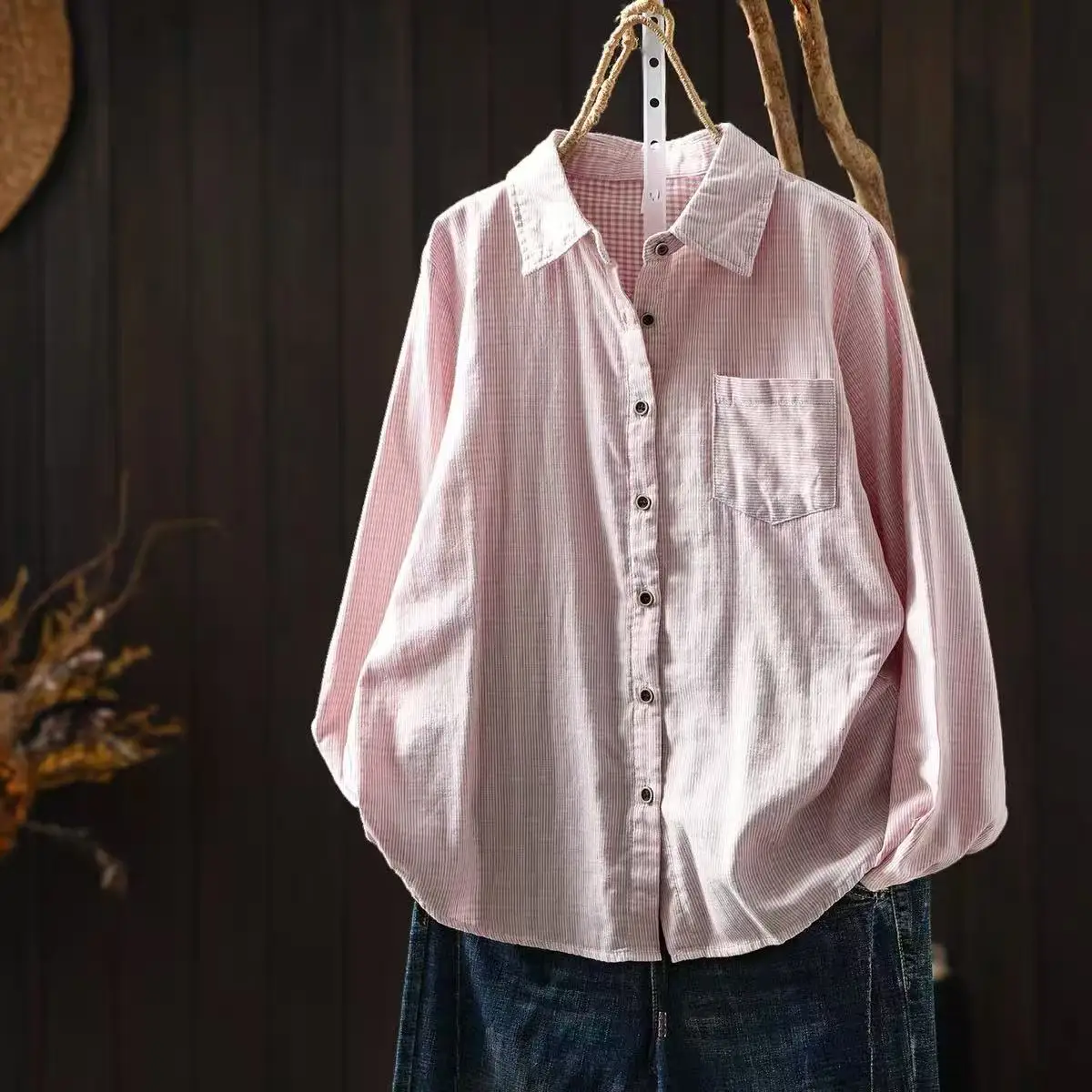 100% Cotton Yarn Women's Long Sleeve Top Japanese Style Gray Pink Green Black Stripes Blouses Ladies Fitted Shirt