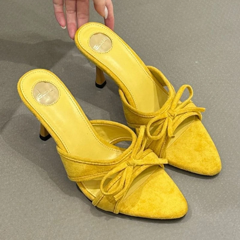 

Butterfly-knot Suede Thin Heels Slippers Women Open Toe Summer New Leopard Slides Female Fashion High Heels Party Sandals Ladies