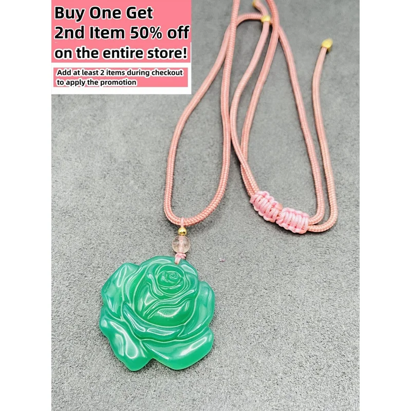 

Carved Green Jade Rose Floral Charm Pendant Nelace Adjustable Cord Handmade