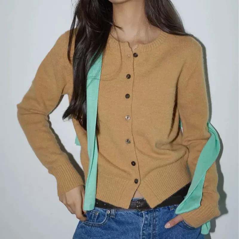 Slimming round Neck Long Sleeve Knitted Open Cardigan Commute Top for Women Elegant Sexy Style Bright Thread Detail