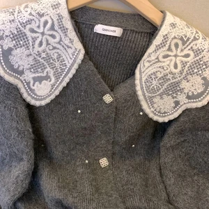 Feminino cinza peter pan colarinho renda cardigan camisola harajuku y2k mangas compridas blusas de caxemira jumper vintage 2000s roupas 2024 10 principais vendas sueter gola peter pan - №4