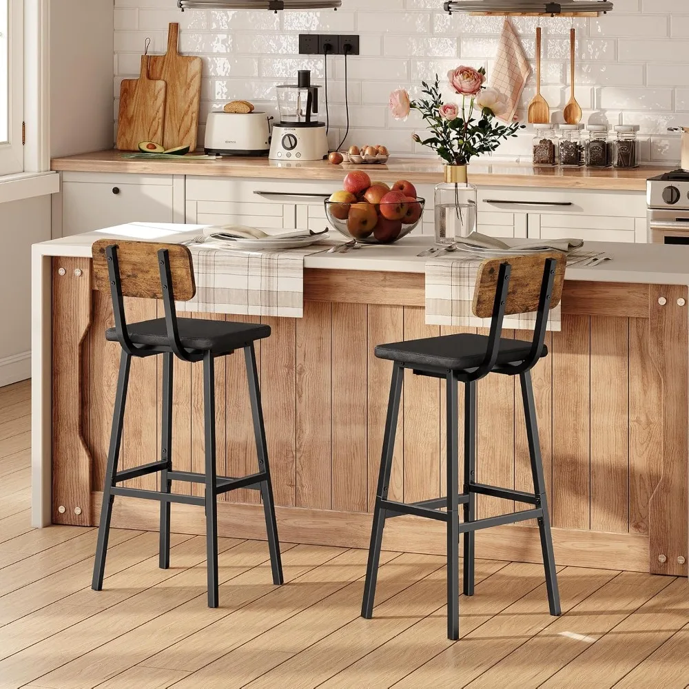 PU Upholstered Tall Bar Stools Set, 2 Chairs with Footrests, Suitable for Kitchen, Dining, and Cafe, Rustic Brown and Black