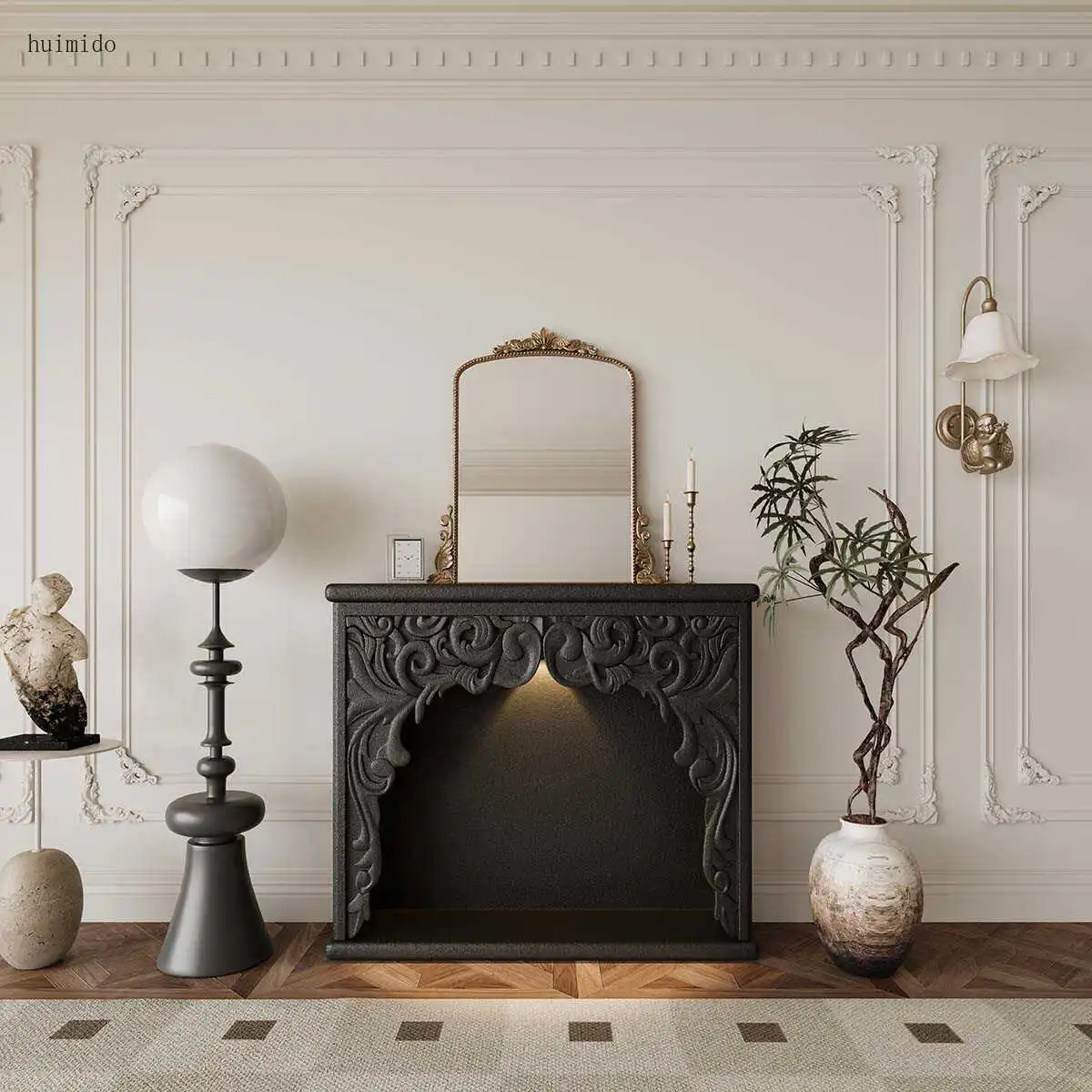 French Cream Wind Fireplace Cabinet Living Room Carved Decorative Cabinet Luminous Object Shooting Entrance Cabinet ins Homestay