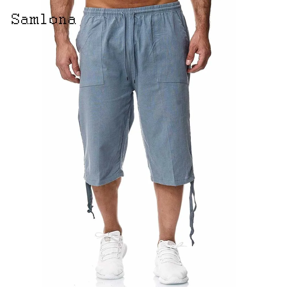 Men's Calf-Length Pants Elastic Waist Casual Linen Short Pants Male Simple Bottoms 2024 Summer New Leisure Beach Shorts Homme